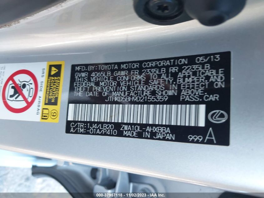 2013 LEXUS CT 200H HYBRID - JTHKD5BH9D2155359