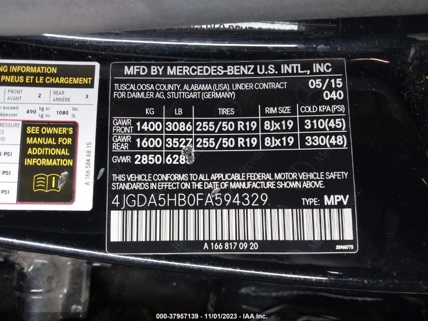 2015 MERCEDES-BENZ M-CLASS ML 350 4JGDA5HB0FA594329