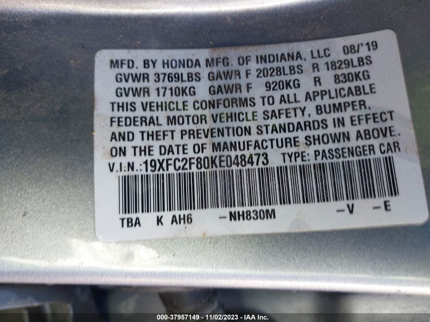VIN 19XFC2F80KE048473 2019 HONDA CIVIC SPORT