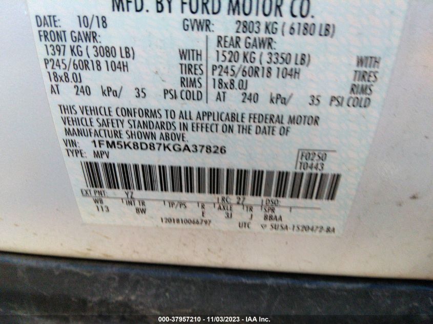 2019 FORD EXPLORER XLT - 1FM5K8D87KGA37826