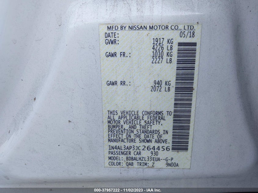 VIN 1N4AL3AP3JC264456 2018 NISSAN ALTIMA 2.5 SR