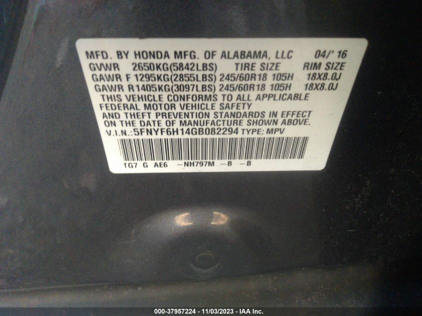 2016 HONDA PILOT LX - 5FNYF6H14GB082294