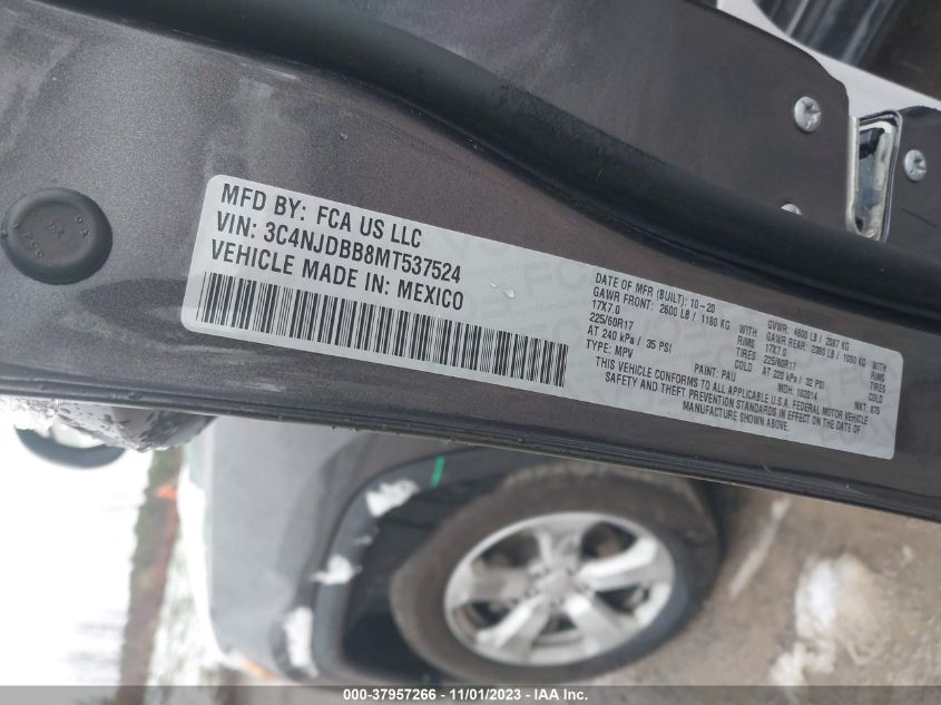 VIN 3C4NJDBB8MT537524 2021 JEEP COMPASS LATITUDE