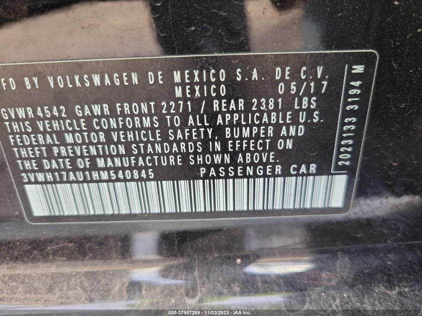 2017 VOLKSWAGEN GOLF ALLTRACK TSI S/TSI SE/TSI SEL 3VWH17AU1HM540845