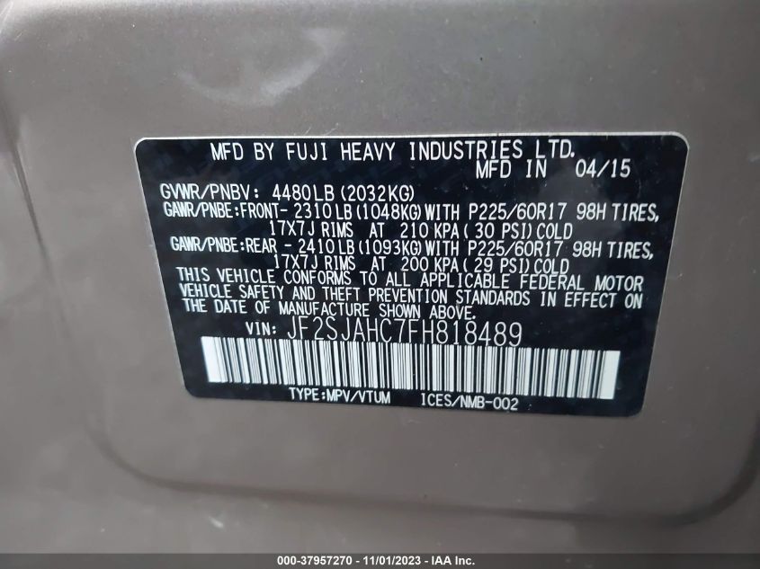 2015 SUBARU FORESTER 2.5I LIMITED - JF2SJAHC7FH818489