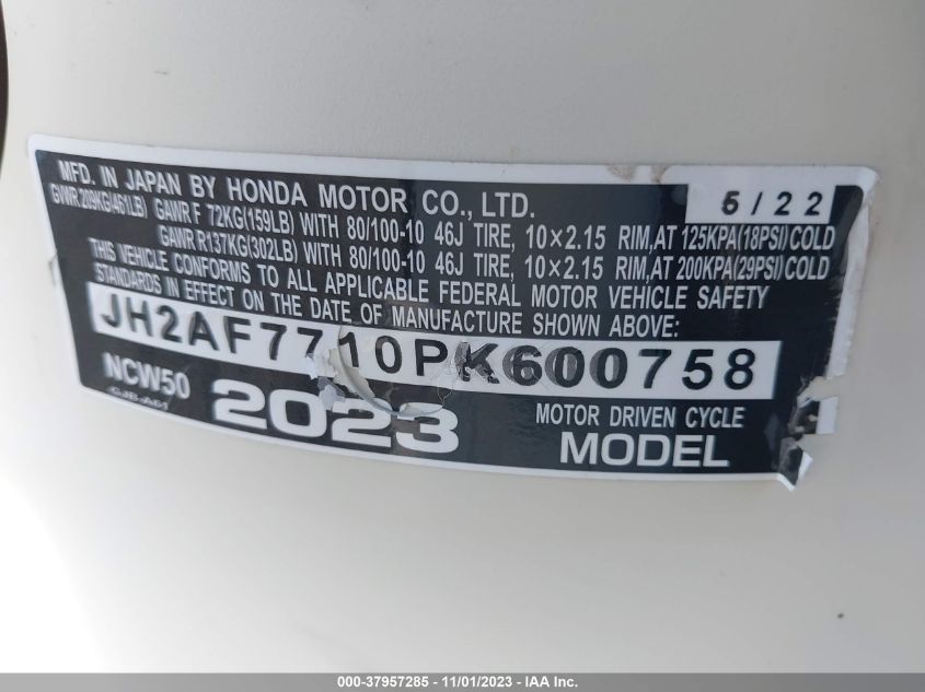 2023 HONDA NCW50 JH2AF7710PK600758