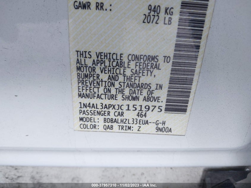 VIN 1N4AL3APXJC151975 2018 NISSAN ALTIMA 2.5/S/SV/SL/SR