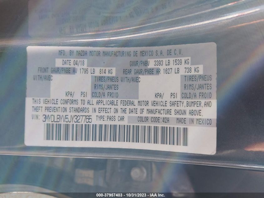 VIN 3MYDLBYV5JY327765 2018 TOYOTA YARIS IA