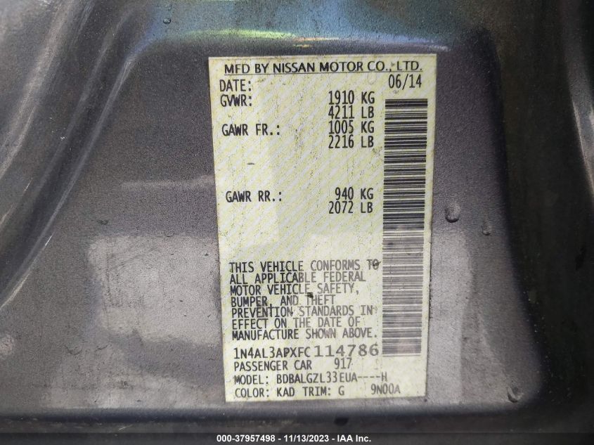 2015 NISSAN ALTIMA 2.5 S - 1N4AL3APXFC114786
