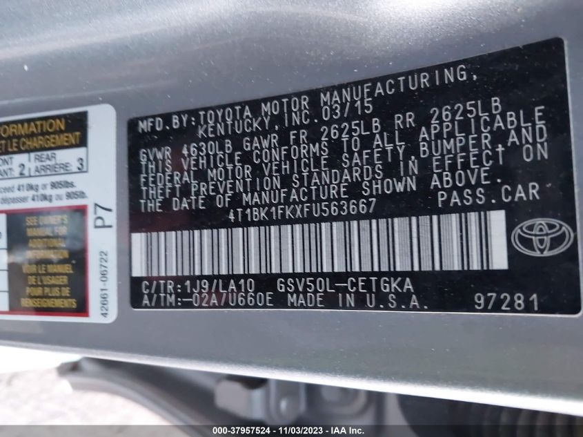 2015 TOYOTA CAMRY XLE V6 - 4T1BK1FKXFU563667
