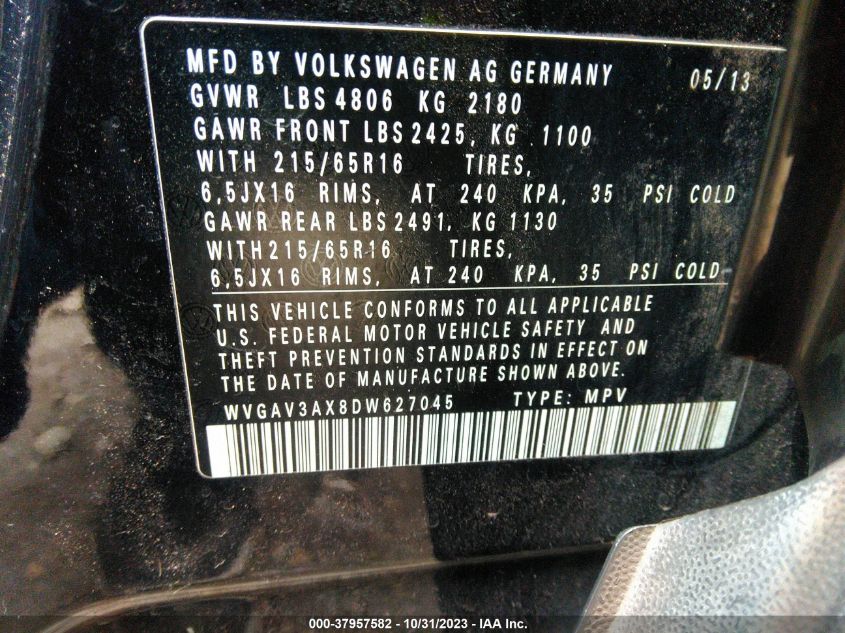 2013 VOLKSWAGEN TIGUAN S/SE/SEL - WVGAV3AX8DW627045