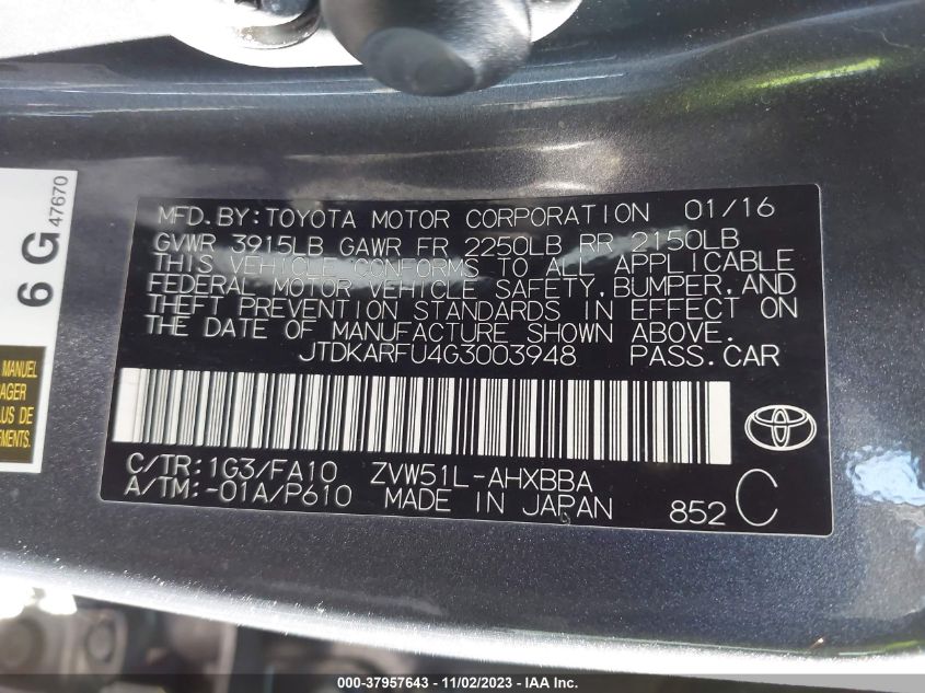 2016 TOYOTA PRIUS FOUR - JTDKARFU4G3003948
