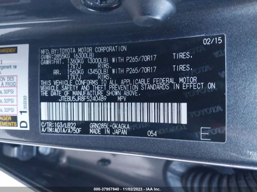 2015 TOYOTA 4RUNNER SR5/LIMITED/TRAIL/TRD PRO - JTEBU5JR8F5240489