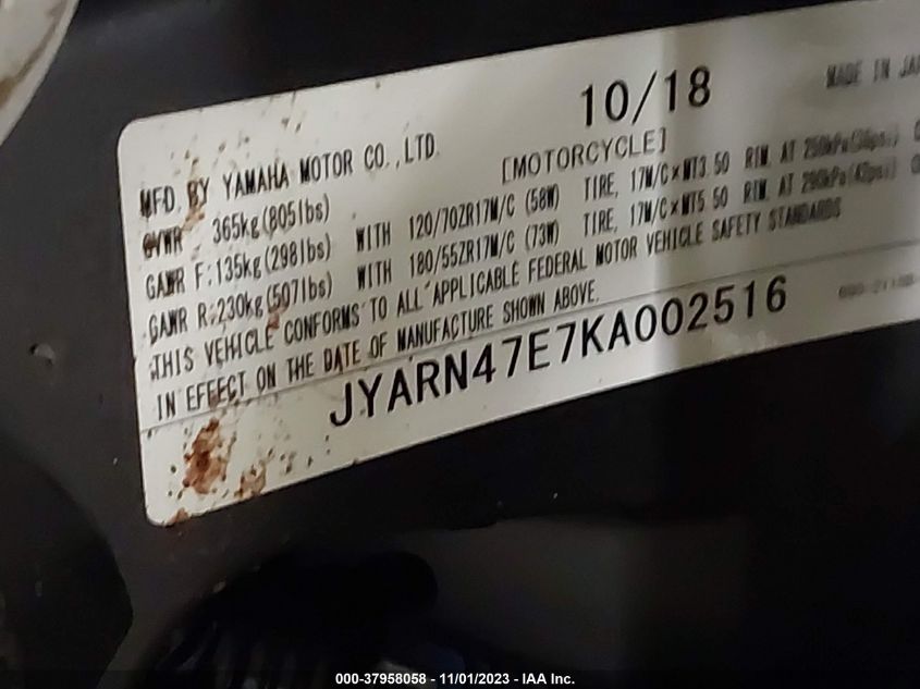 2019 YAMAHA XSR900 JYARN47E7KA002516