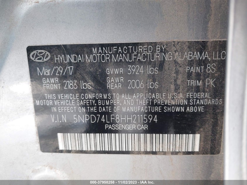 VIN 5NPD74LF8HH211594 2017 HYUNDAI ELANTRA SE