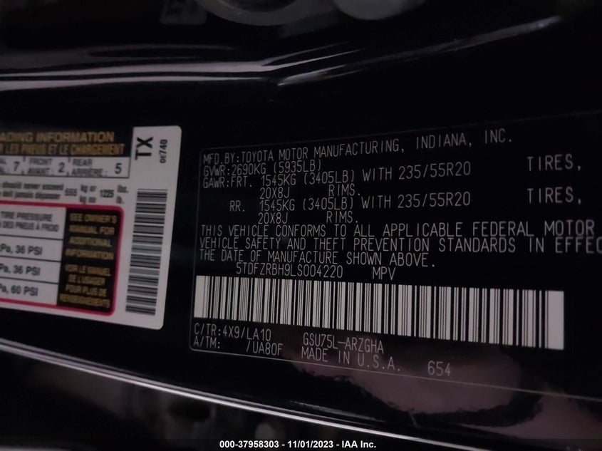 VIN 5TDFZRBH9LS004220 2020 TOYOTA HIGHLANDER PLATINUM