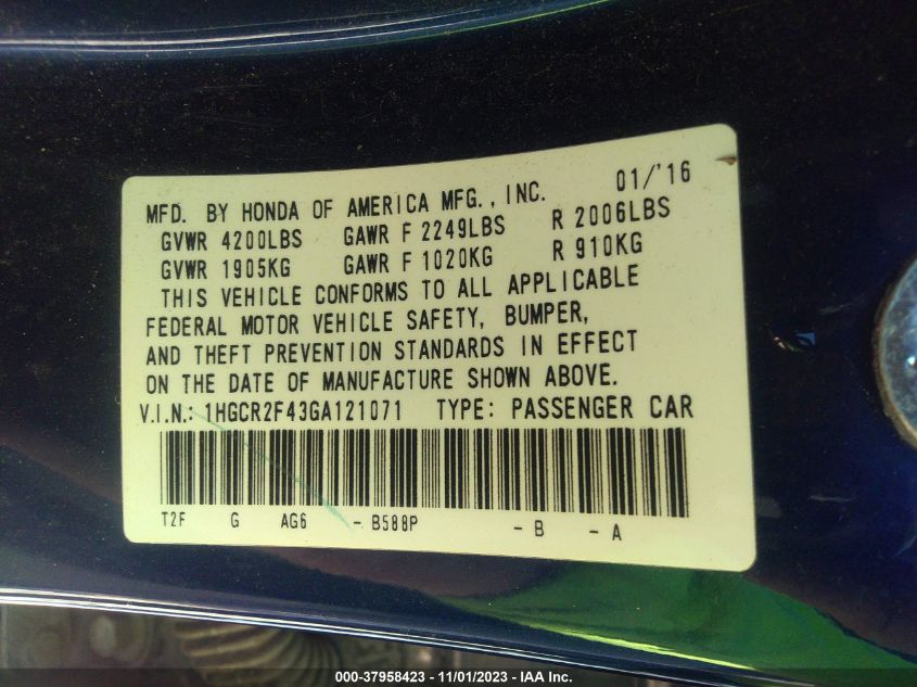 2016 HONDA ACCORD SEDAN LX - 1HGCR2F43GA121071