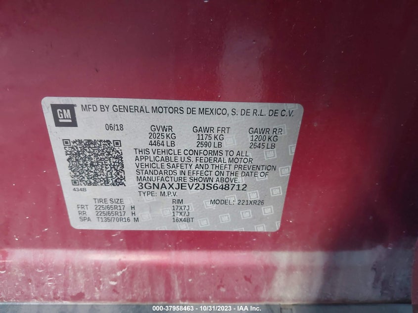 VIN 3GNAXJEV2JS648712 2018 CHEVROLET EQUINOX LT