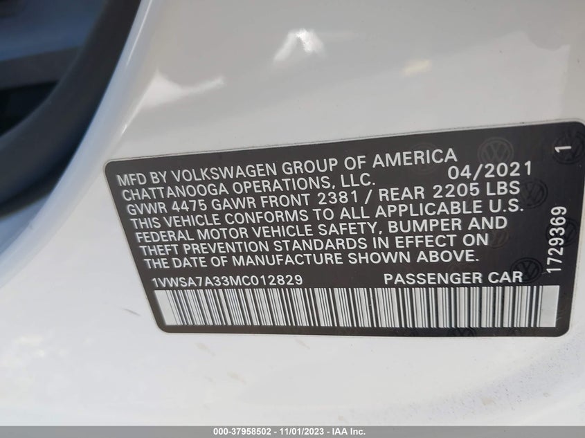 VIN 1VWSA7A33MC012829 2021 VOLKSWAGEN PASSAT 2.0T SE