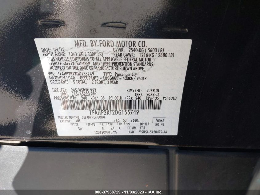 2013 FORD TAURUS SHO - 1FAHP2KT2DG155749