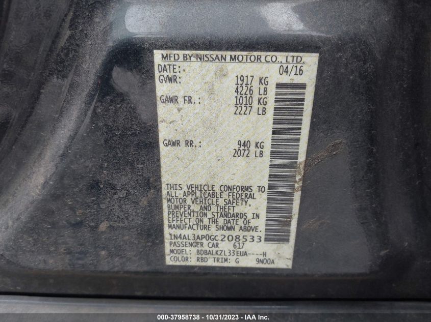 2016 NISSAN ALTIMA 2.5/S/SV/SL/SR - 1N4AL3AP0GC208533