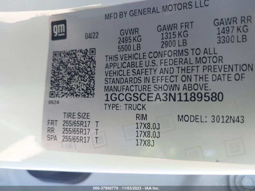 2022 CHEVROLET COLORADO LT - 1GCGSCEA3N1189580
