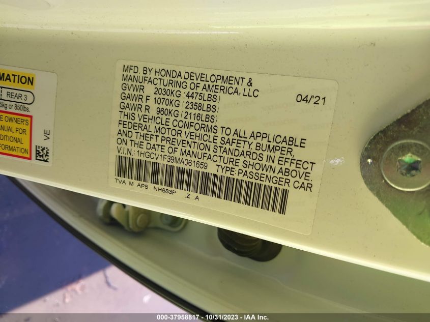 2021 HONDA ACCORD SPORT - 1HGCV1F39MA061659