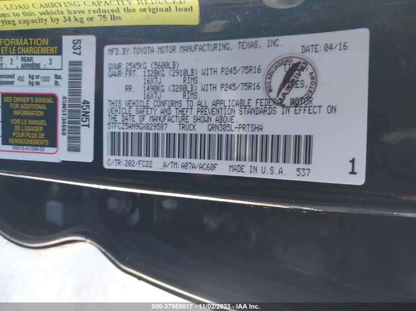 2016 TOYOTA TACOMA DBL CAB/SR/SR5/TRD SPT/OR - 5TFCZ5AN9GX029587