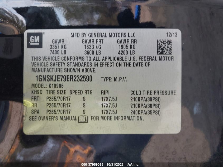 2014 CHEVROLET SUBURBAN 1500 LT 1GNSKJE79ER232590