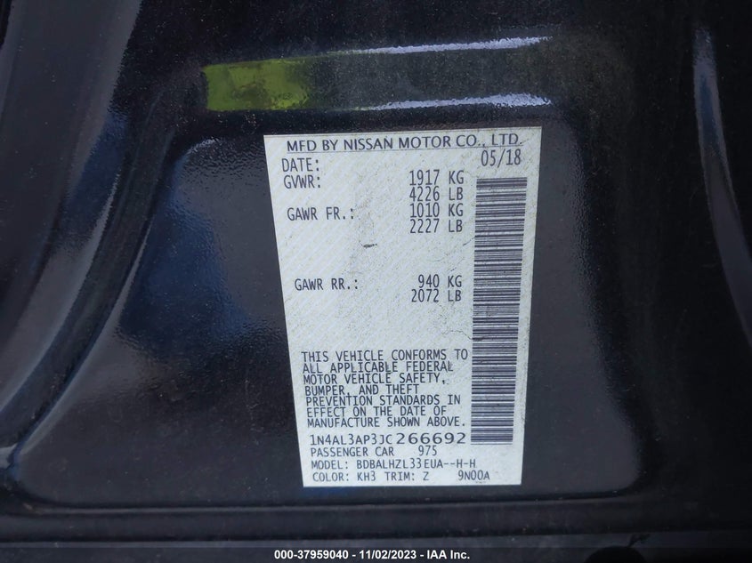 VIN 1N4AL3AP3JC266692 2018 NISSAN ALTIMA 2.5/S/SV/SL/SR