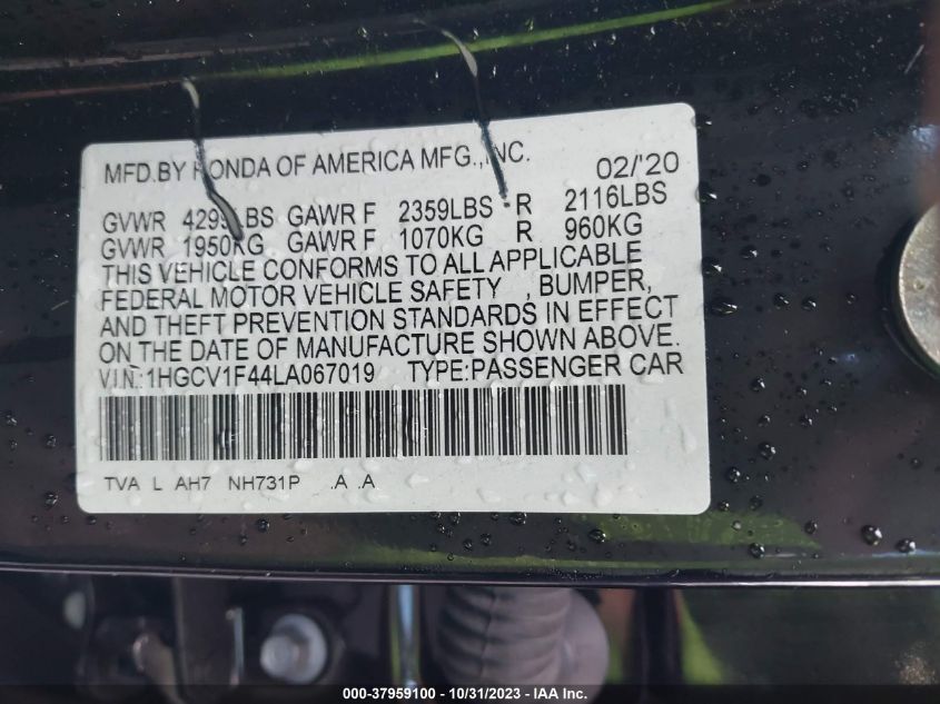 2020 HONDA ACCORD EX - 1HGCV1F44LA067019
