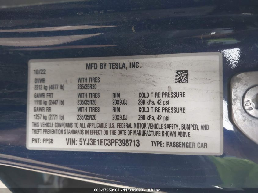 2023 TESLA MODEL 3 PERFORMANCE DUAL MOTOR - 5YJ3E1EC3PF398713