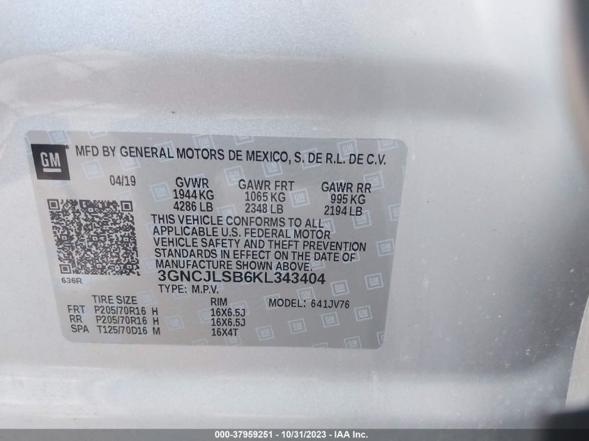 2019 CHEVROLET TRAX 1LT - 3GNCJLSB6KL343404