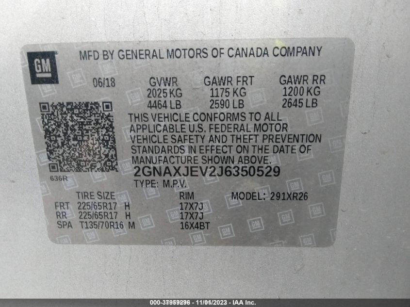 2018 CHEVROLET EQUINOX LT - 2GNAXJEV2J6350529