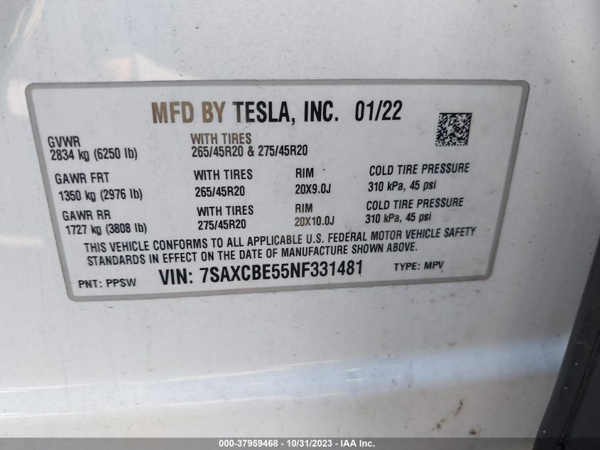 2022 TESLA MODEL X - 7SAXCBE55NF331481