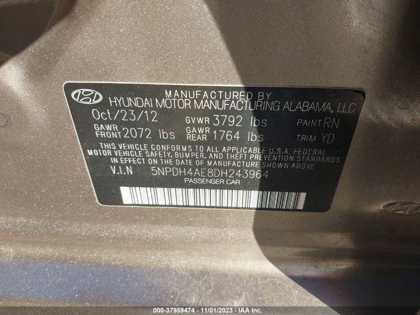 2013 HYUNDAI ELANTRA LIMITED - 5NPDH4AE8DH243964