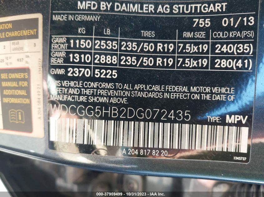 2013 MERCEDES-BENZ GLK 350 WDCGG5HB2DG072435