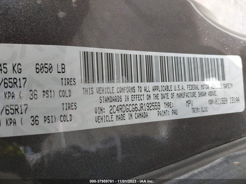 VIN 2C4RDGCG6JR192559 2018 DODGE GRAND CARAVAN SXT