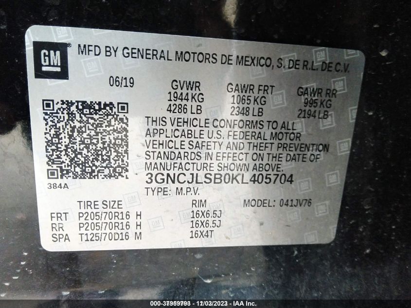 2019 CHEVROLET TRAX LT - 3GNCJLSB0KL405704