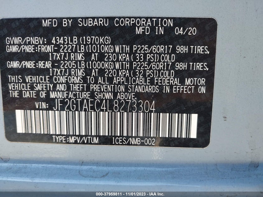 VIN JF2GTAEC4L8273304 2020 SUBARU CROSSTREK PREMIUM