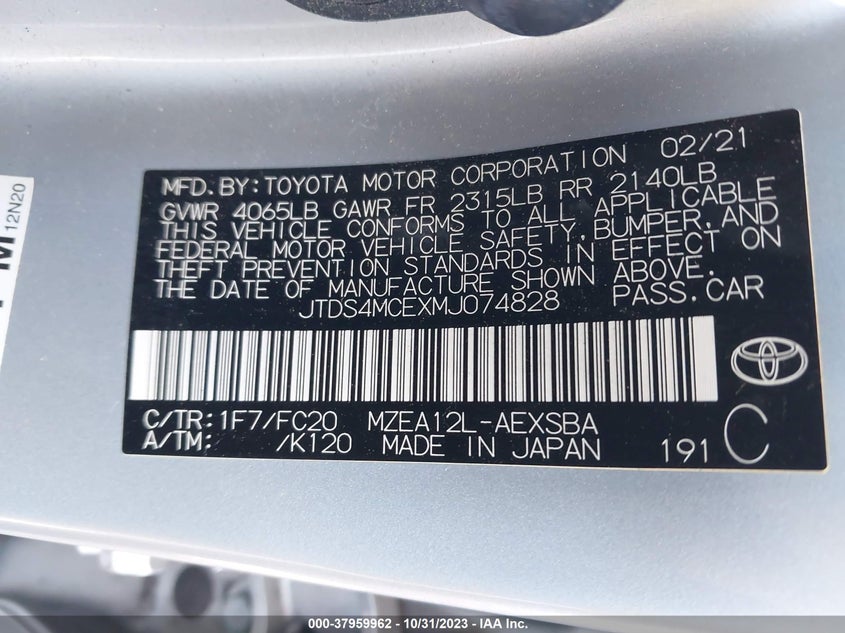 VIN JTDS4MCEXMJ074828 2021 TOYOTA COROLLA SE/NIGHT SHADE