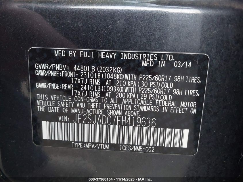 2015 SUBARU FORESTER 2.5I PREMIUM - JF2SJADC7FH419636