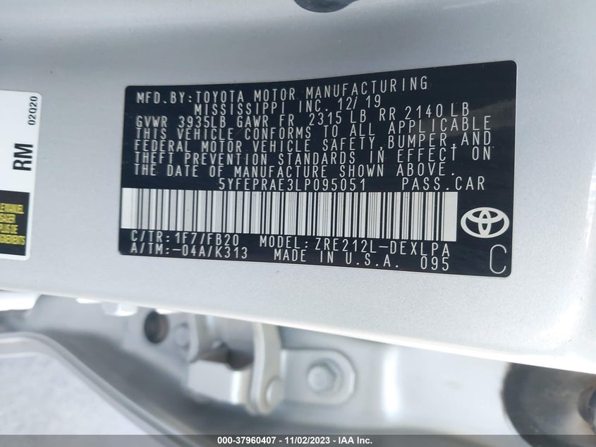 VIN 5YFEPRAE3LP095051 2020 TOYOTA COROLLA LE