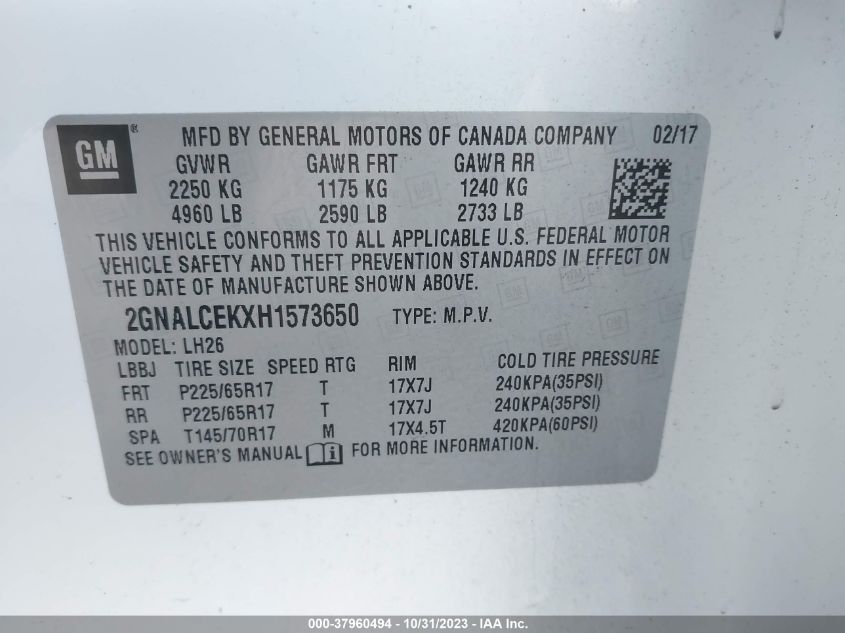 2017 CHEVROLET EQUINOX LT - 2GNALCEKXH1573650