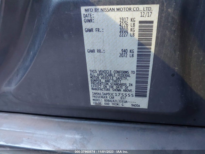 VIN 1N4AL3AP9JC175555 2018 NISSAN ALTIMA 2.5 SL