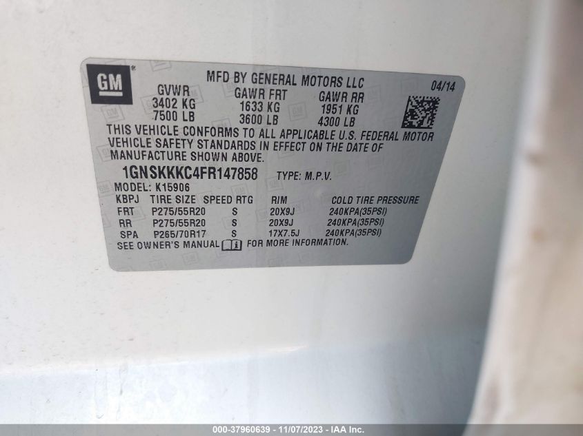 2015 CHEVROLET SUBURBAN 1500 LTZ 1GNSKKKC4FR147858