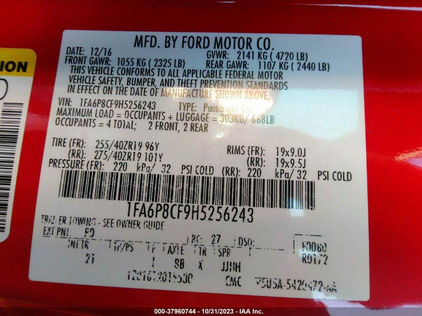 2017 FORD MUSTANG GT - 1FA6P8CF9H5256243