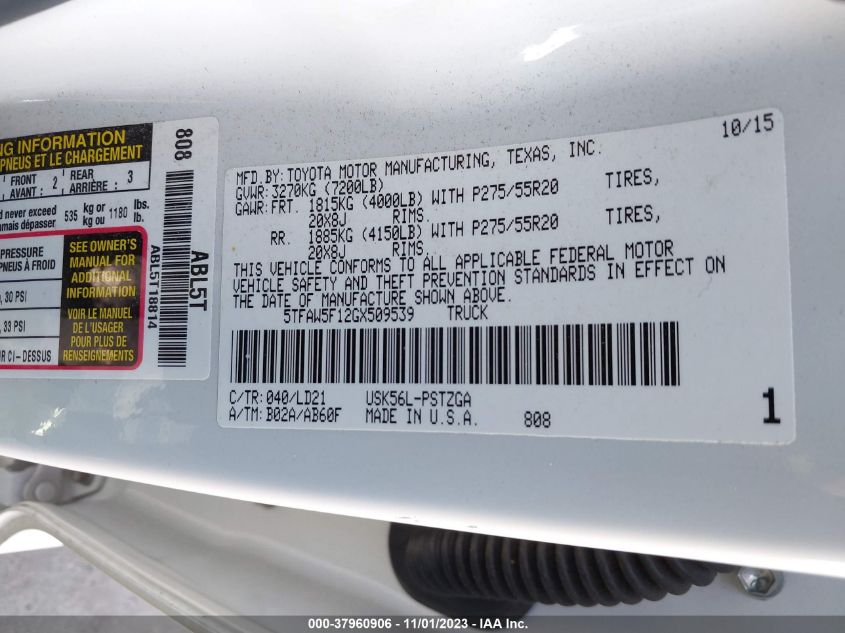 2016 TOYOTA TUNDRA 4WD TRUCK PLATINUM/1794 - 5TFAW5F12GX509539