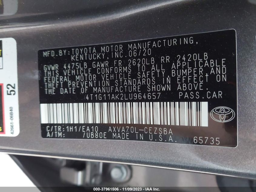 2020 TOYOTA CAMRY SE NIGHTSHADE - 4T1G11AK2LU964657