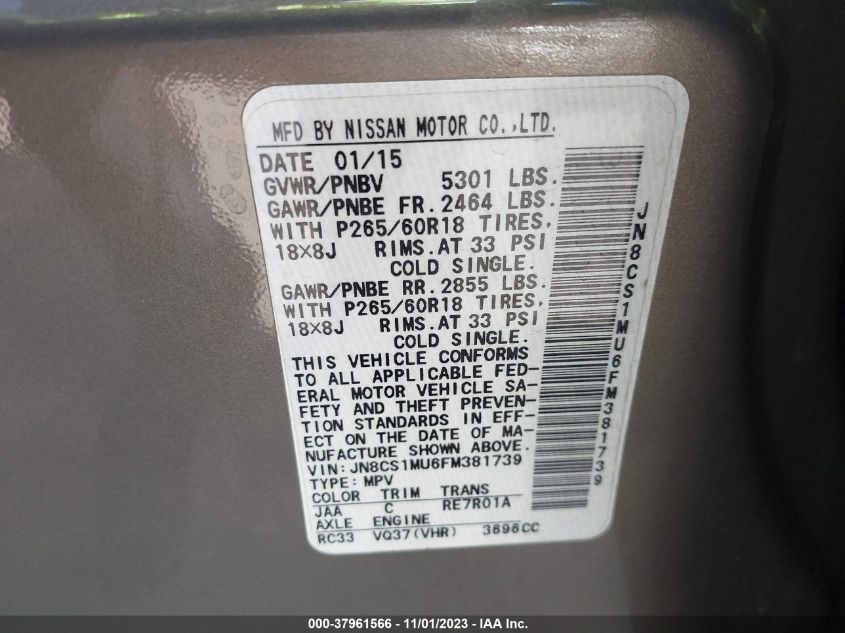 2015 INFINITI QX70 - JN8CS1MU6FM381739